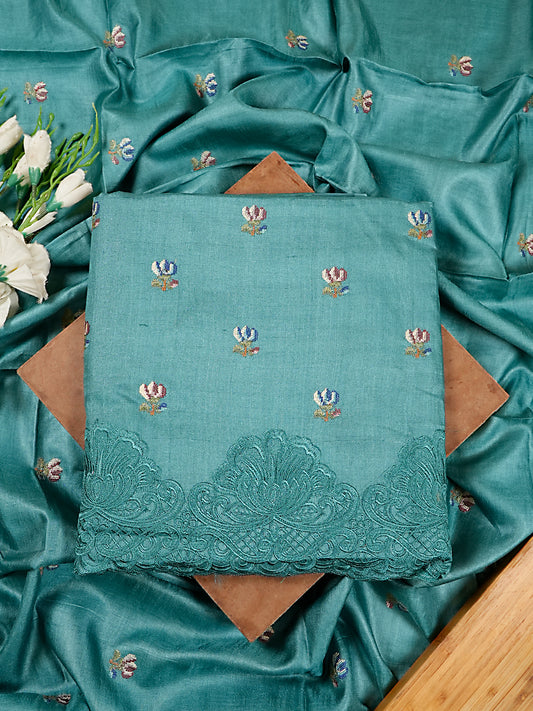 Teal Pure Tussar Silk Suit Set with Cross-Stitch Embroidery