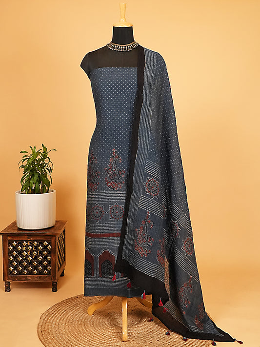 Indigo Haveli Motif Organic Ajrakh Crushed Linen Silk 2-Pc Suit Set