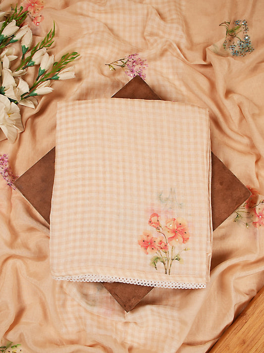 Beige Gingham Mul Chanderi Floral Suit Set