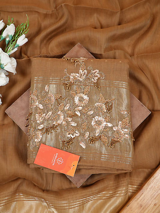 Light Brown Chanderi Silk Embroidered Suit Set with Tissue Hem