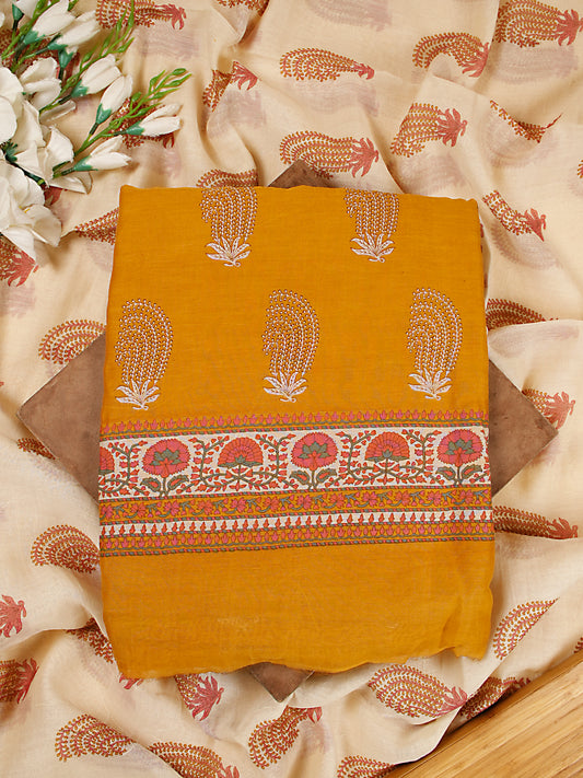Mustard Printed Mul Chanderi Suit Set