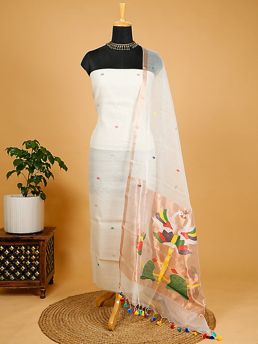Pristine White Muslin Jamdani Suit with Paithani Dupatta