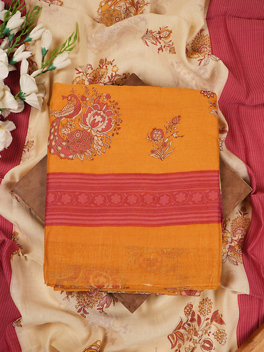 Mustard & Pink Printed Mul Chanderi Suit Set