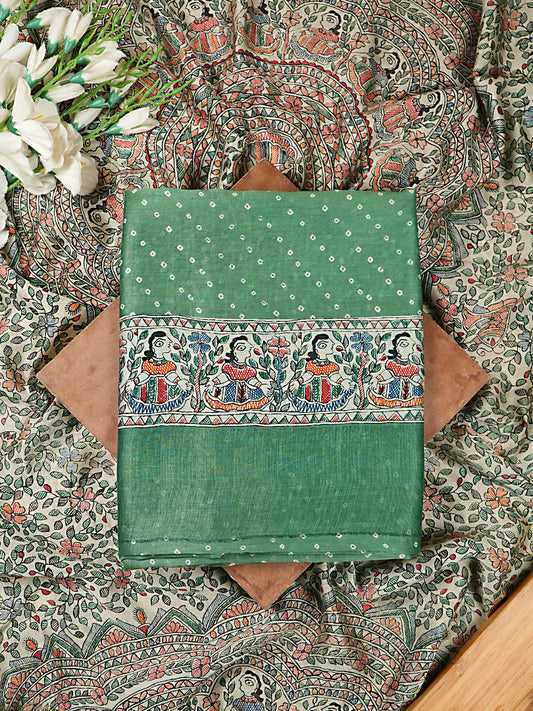 Mint Green Maheshwari Silk Suit Set with Bandhani Print
