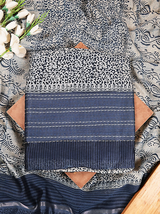 Indigo Floral Vine Maheshwari Silk Suit Set