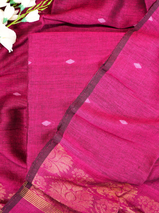 Jamdani Dark Magenta Khadi Linen Banarasi Handwoven Suit Set