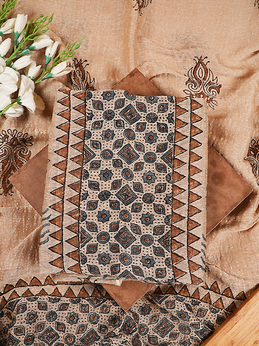 Natural Beige Geometric Panel Organic Ajrakh Crushed Linen Silk 2-Pc Suit Set