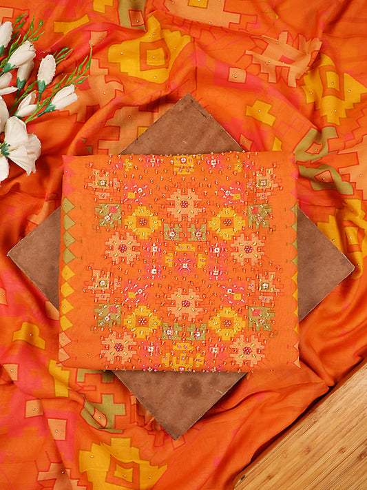 Vibrant Orange Pure Muslin Geometric Printed & Beadwork Suit Set