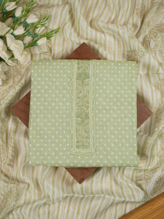Light Green Polka Linen Suit Set with Lace Detailing