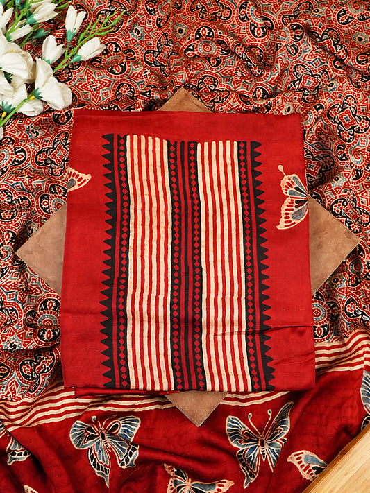 Crimson Red Striped Block Print 2-Piece Suit Set