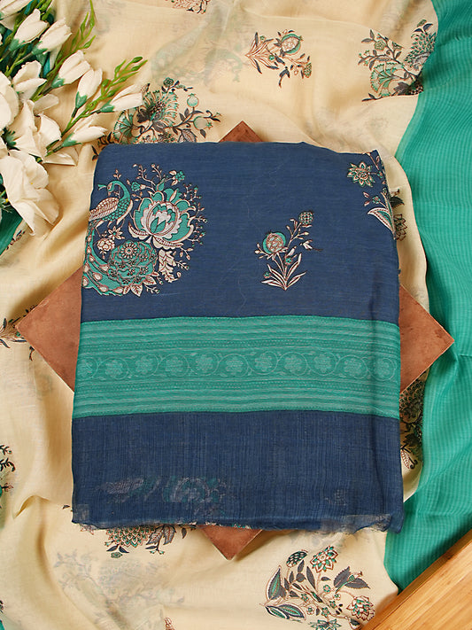 Blue & Teal Printed Mul Chanderi Suit Set