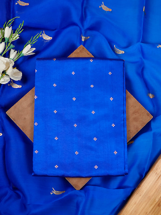 Royal Blue Pure Katan Silk Banarasi Suit Set with Shaded Kora Silk Bird Motif Dupatta
