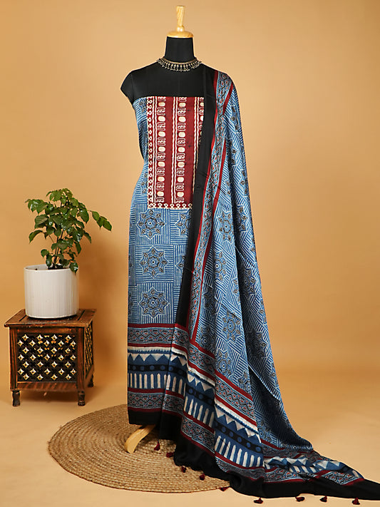 Indigo Blue and Maroon Organic Ajrakh Modal Satin 2 Piece Suit Set