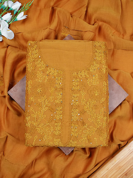 Mustard Soft Mul Chanderi Kantha Stitch Suit Set