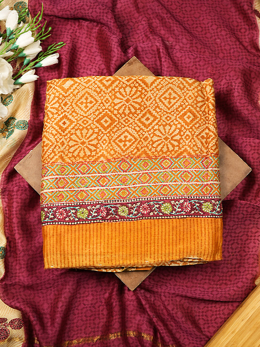 Mustard Maheshwari Silk Suit with Multicolour Floral Border