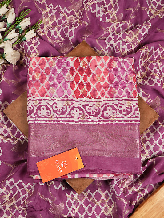 Purple & Magenta Pure Linen Silk Geometric Print Suit Set with Silver Zari