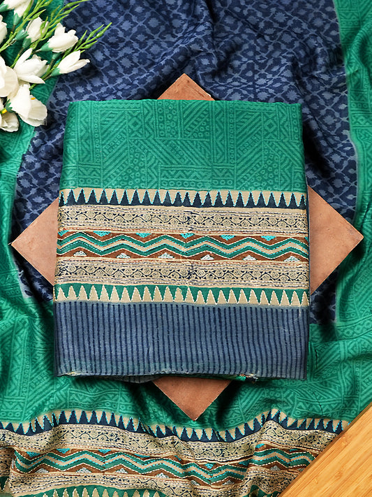 Turquoise Maheshwari Silk Suit Set With Kantha Detailing