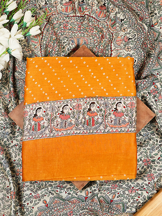 Light Orange Maheshwari Silk Suit Set with Bandhani Print