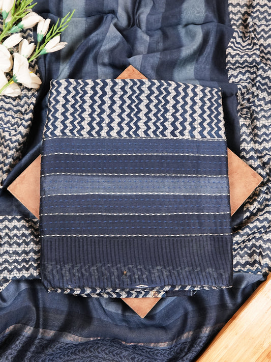 Midnight Blue Zigzag Maheshwari Silk Suit Set
