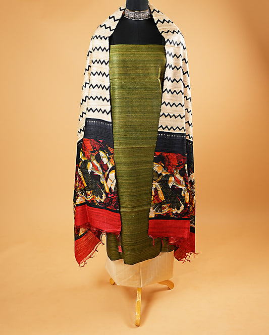 Olive Green Pure Tussar-Ghicha Suit Set