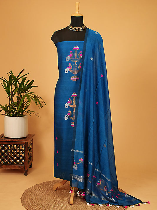 Blue Handloom Cotton Needle Jamdani Weaving 2Pc Suit Set
