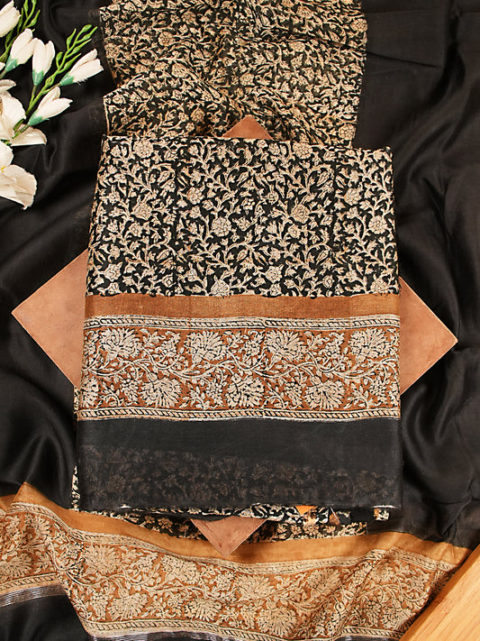 Black & Mustard Floral Mul Chanderi Suit Set