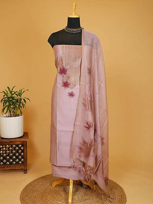 Soft Mauve Chanderi Silk Jamdani Suit Set with Silver Zari