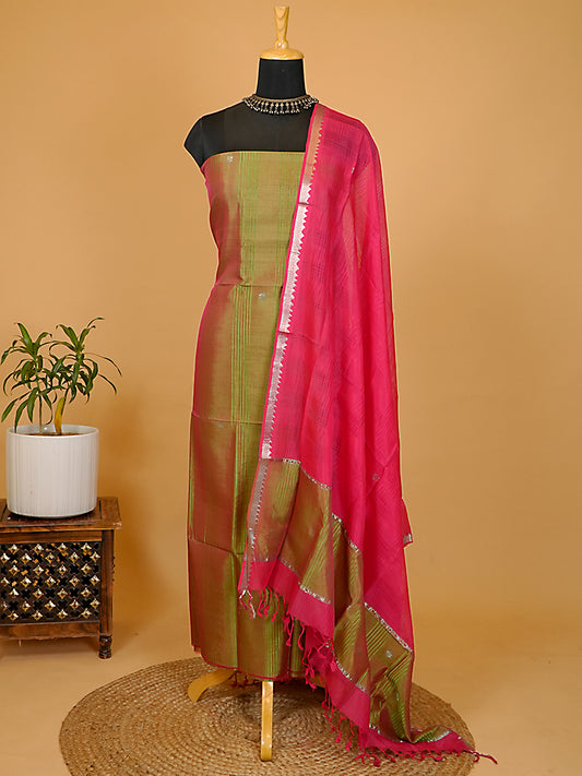 Olive Green & Magenta Dual-Tone Pattu Silk Handloom 2 Pc Suit Set