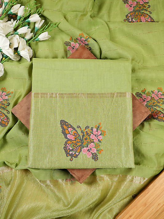 Lime Green Mul Chanderi Suit Set with Butterfly Embroidery