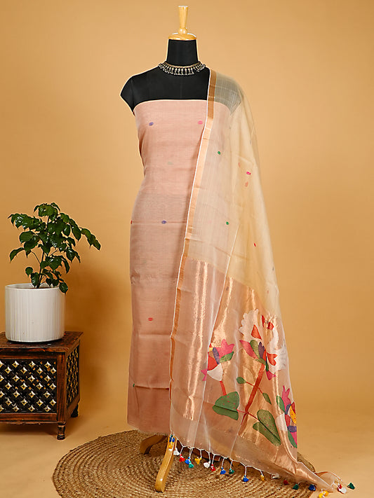 Soft Peach Muslin Jamdani Suit Set with Paithani Dupatta