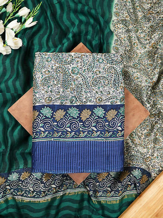Peacock Blue Mul Chanderi Paisley Suit Set