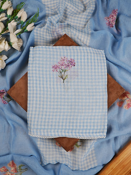 Light Blue Gingham Mul Chanderi Floral Suit Set