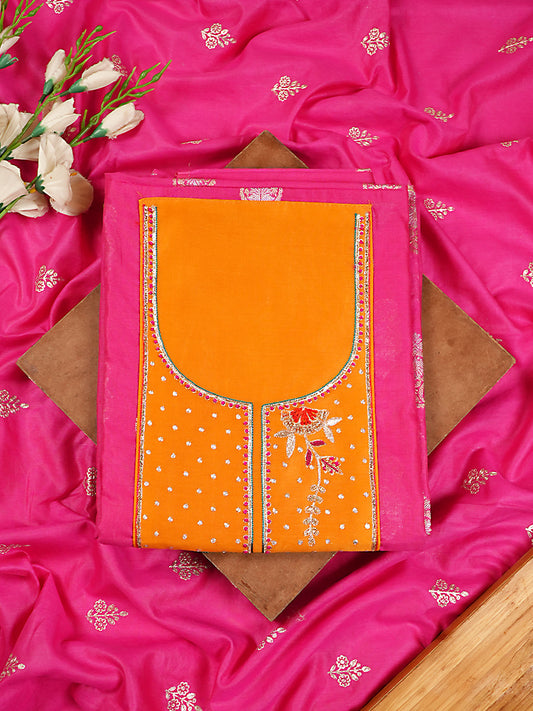 Vibrant Rani Pink & Mustard Chanderi Silk Hand Embroidered Suit Set