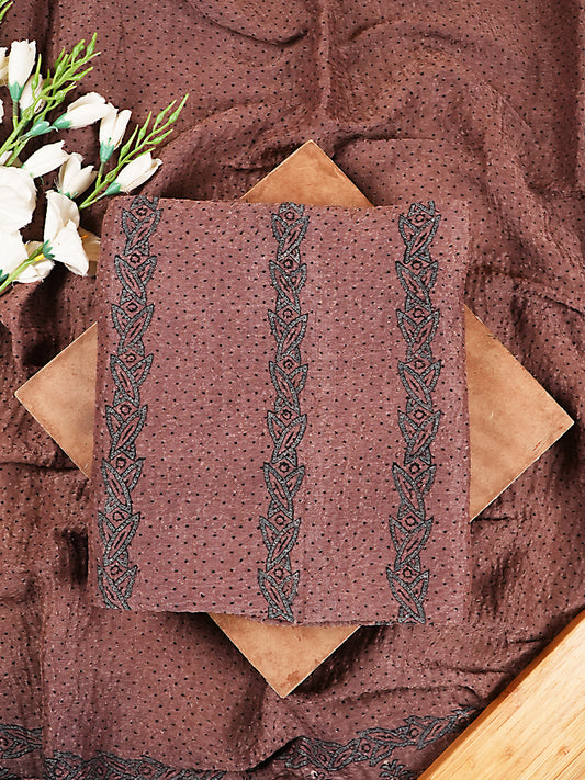 Earthy Mocha Floral Vine Organic Ajrakh Crushed Linen Silk 2-Pc Suit Set