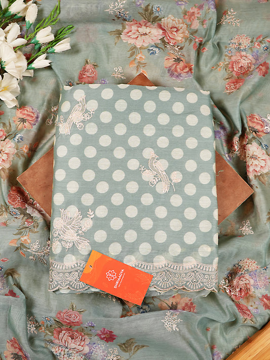 Blue Mul Cotton Chanderi Polka Design Suit Set