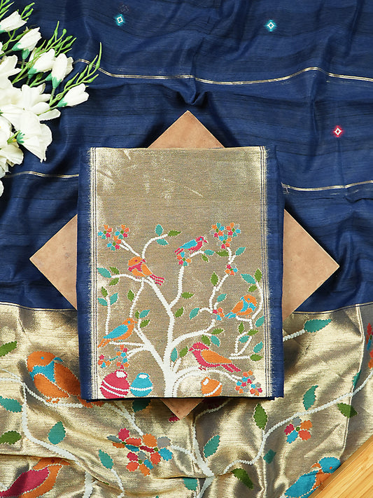 Dark Blue Chanderi Silk Suit Set with Paithani Weaving