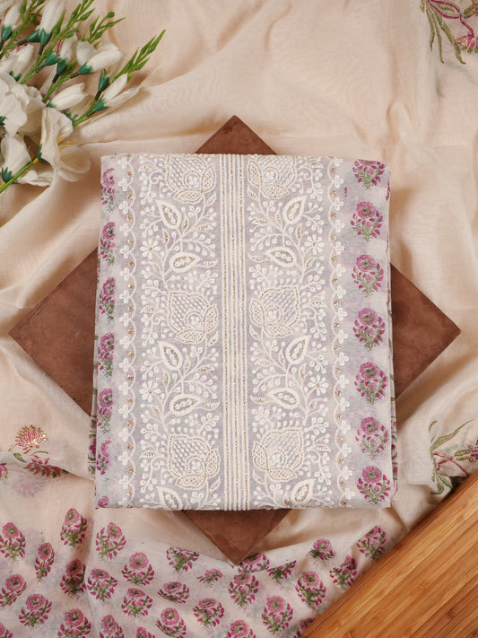 White & Pink Chanderi Silk Chikankari Suit Set