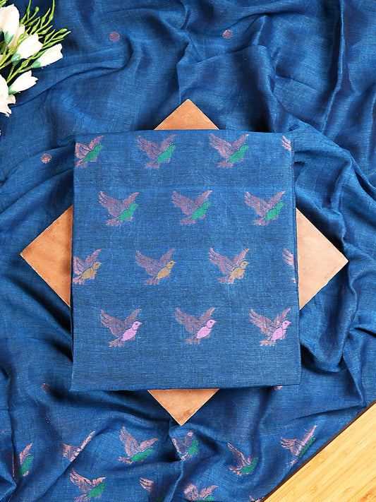 Blue Jayshree Linen Jamdani Suit with Multicolour Bird Motifs