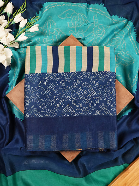Blue & Teal Striped Maheshwari Silk Bandhej Suit Set
