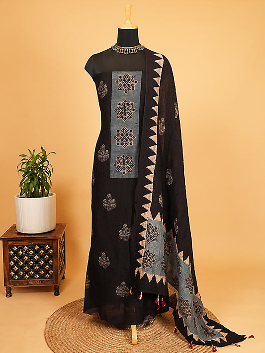Classic Black Organic Ajrakh Crushed Linen Silk 2-Pc Suit Set