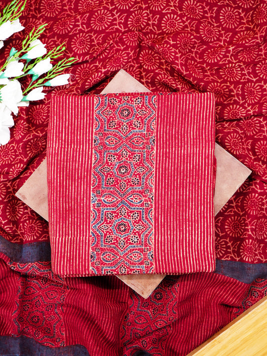 Red Ajrakh Dyed Handloom Linen Suit With Vertical Floral-Panel Design