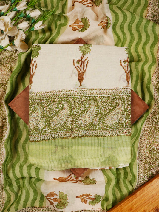 Cream & Green Soft Mul Chanderi Block Print Suit Set