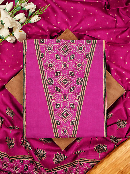 Magenta Pink Soft Cotton Silk Lotus Print Suit Set