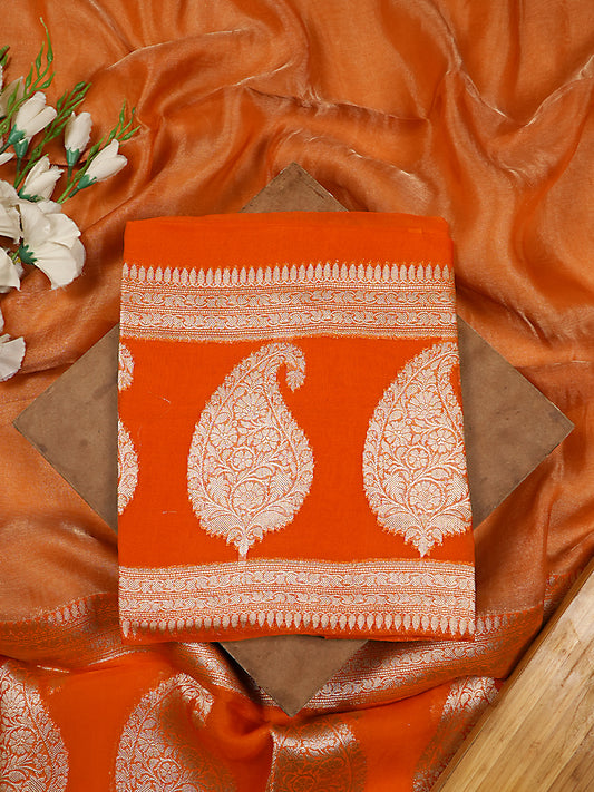 Orange Pure Kora Silk Banarasi Suit Set