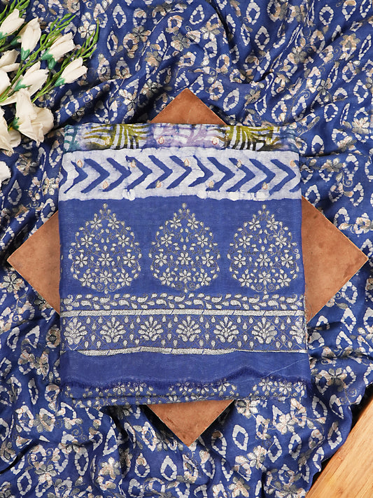 Deep Blue Batik Print Pure Linen Silk Suit Set with Silver Zari
