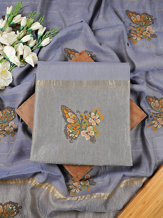 Lavender Mul Chanderi Suit Set with Butterfly Embroidery