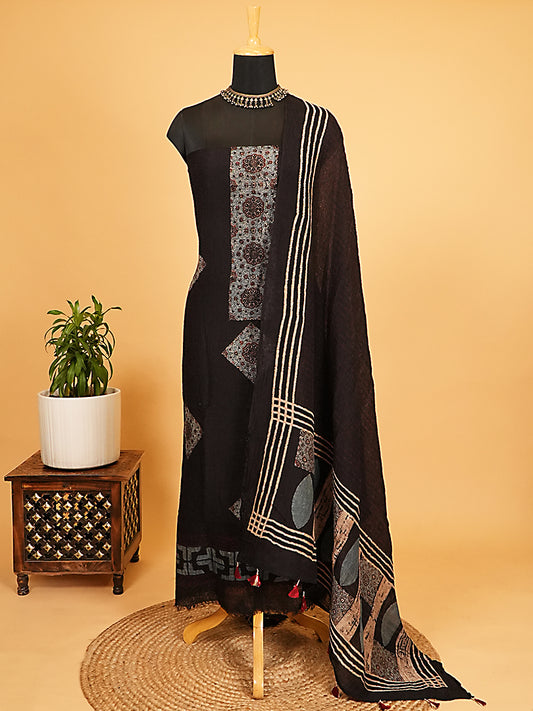 Deep Black Abstract Geometric Organic Ajrakh Crushed Linen Silk 2-Pc Suit Set