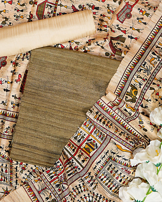 Olive Green Pure Tussar-Ghicha Suit Set