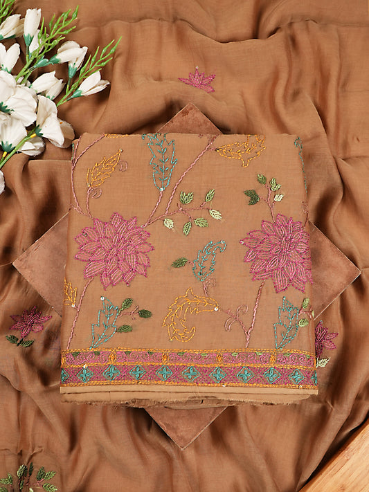 Caramel Floral Embroidered Mul Chanderi Suit Set