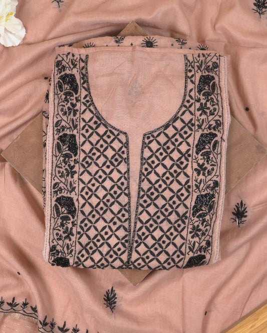 Dark Dusty Pink Mul Chanderi Lucknowi Suit Set